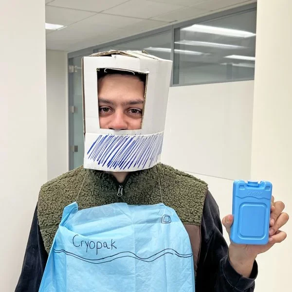 Cris wearing homemade cryopak costume