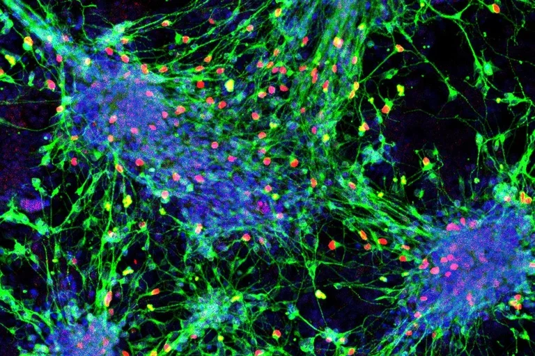 Sensory interneurons (with nuclei in red) derived from mouse stem cells