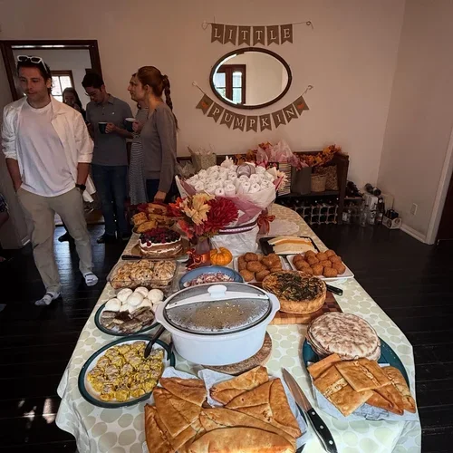 A table full of brunch food
